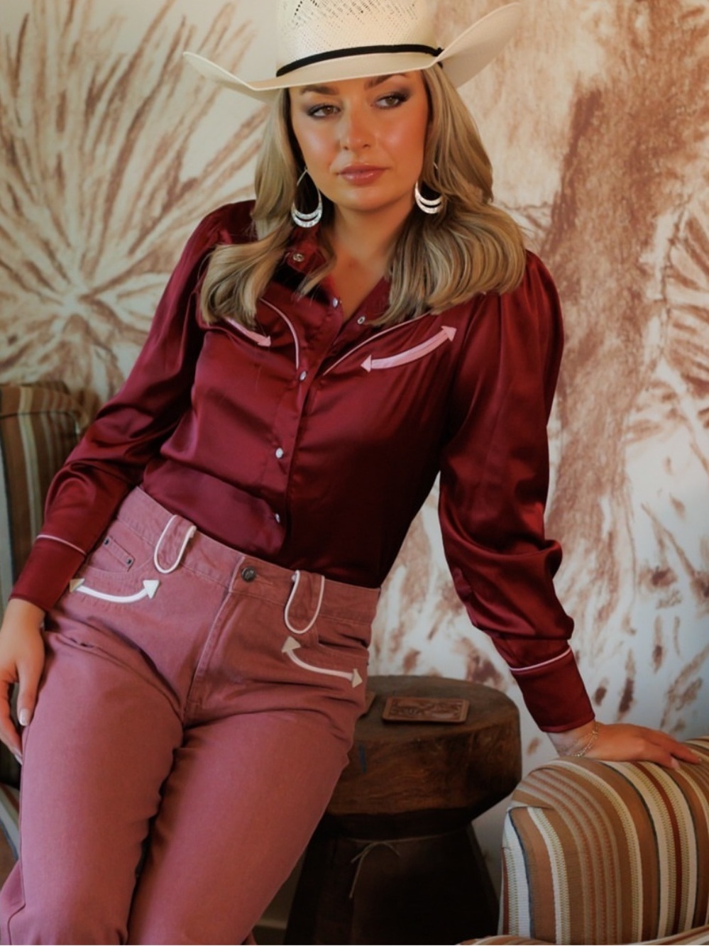 BNWT HOWDY HANNY Burgundy Western Satin Shirt